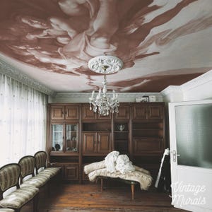 Puede incluir: Una habitación con un mural en el techo que representa una pintura clásica en tonos marrones y blancos. La habitación incluye un gran armario de madera, una lámpara de araña y sillas vintage. El texto "Vintage Murals" es visible en la puerta.