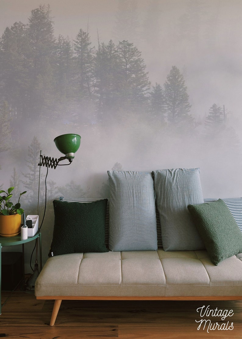 Foggy Forest Removable Wallpaper, Misty Trees Accent Wall Decor 82 image 1