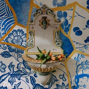 Kintsugi Wallpaper, Blue Porcelain Tile, Gold Repair Art, Peel and Stick 119