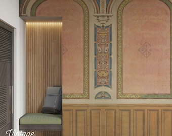 Medieval Arches Wallpaper, Faux Wood Paneling, Gothic Trompe l'oeil, Vintage Pink Architectural Decor, Peel and Stick Wall Mural Art 235