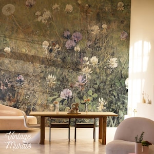 Wildflower Meadow Wallpaper, Vintage Painterly Botanical Art, Rustic Country Farmhouse Wall Mural Decor 176