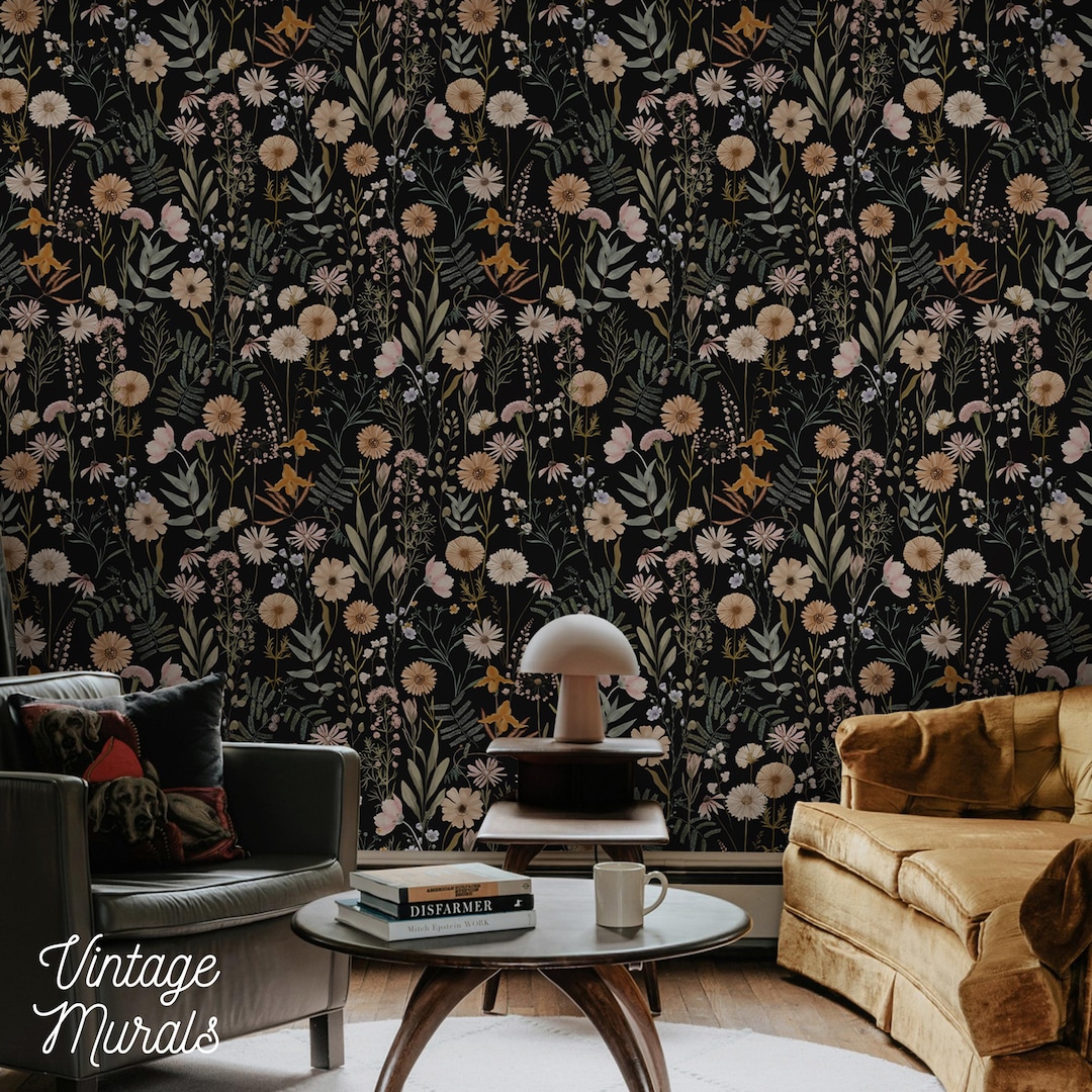 Dark Floral Peel and Stick Wallpaper, Boho Cottagecore Accent Wall ...