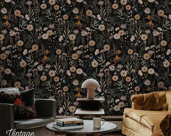May include: Dark floral wallpaper featuring a dense pattern of cream, yellow, and pink flowers with green foliage against a black background. The words "Vintage Murals" are in the lower left corner.