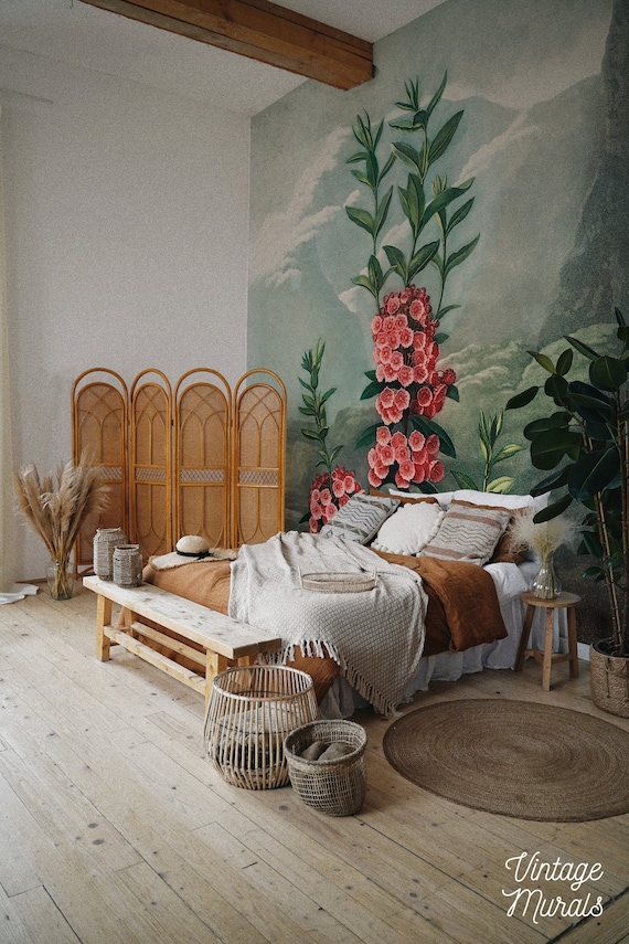 Red floral illustration wallpaper, Peel and stick, Wildflower botanical design, Floral wall mural #30