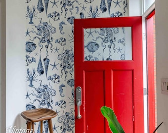 Vintage Nautical Octopus Wallpaper, Coastal Marine Life Peel & Stick Mural 103