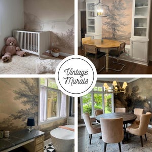 a collage of photos of a baby's room with a crib,