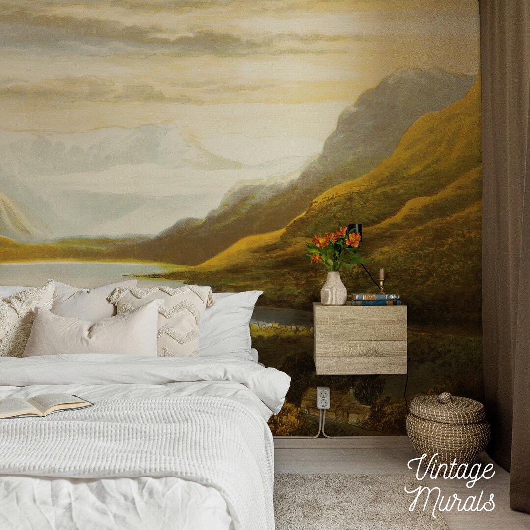 Mountain Lake Wallpaper, Vintage Scenic Landscape Painting, Rustic ...