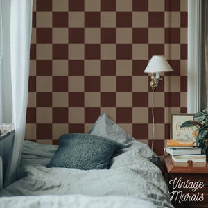 Brown Checkerboard Peel and Stick Wallpaper, Retro Squares Mural 182