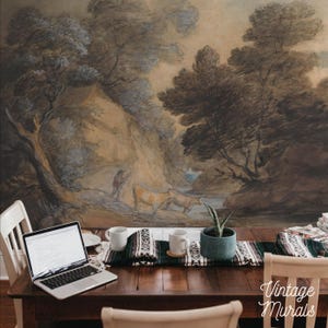 Landscape Sepia Tone Wallpaper, Old Painting Peel And stick Wall Art #54