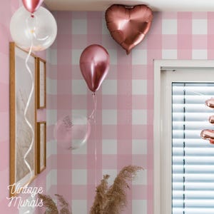 Pink gingham wallpaper, Vintage wallpaper, Checkered wall mural, Plaid nursery wallpaper #112