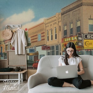 Vintage Main Street Wallpaper, Retro Mid-Century Small Town Scene with Classic Cars, Americana Wall Mural Decor 180