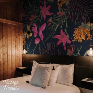 Dark Floral Wallpaper, Tropical Jungle Botanical Mural, Moody Vintage Flowers & Leaves, Boho Aesthetic Wall Art, Elegant Tropical Decor #129