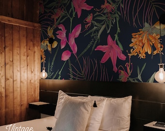 Dark Floral Wallpaper, Vintage Botanical Mural, Tropical Leaves 129