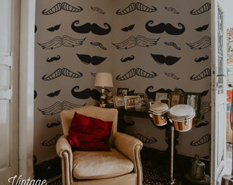 Funny Mustache Wallpaper, Peel and Stick Removable Mural, Barbershop Decor 177