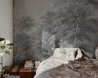 Hand-drawn forest wall mural, Sketched landscape, Monochrome woodland wall decor, Vintage wallpaper #17