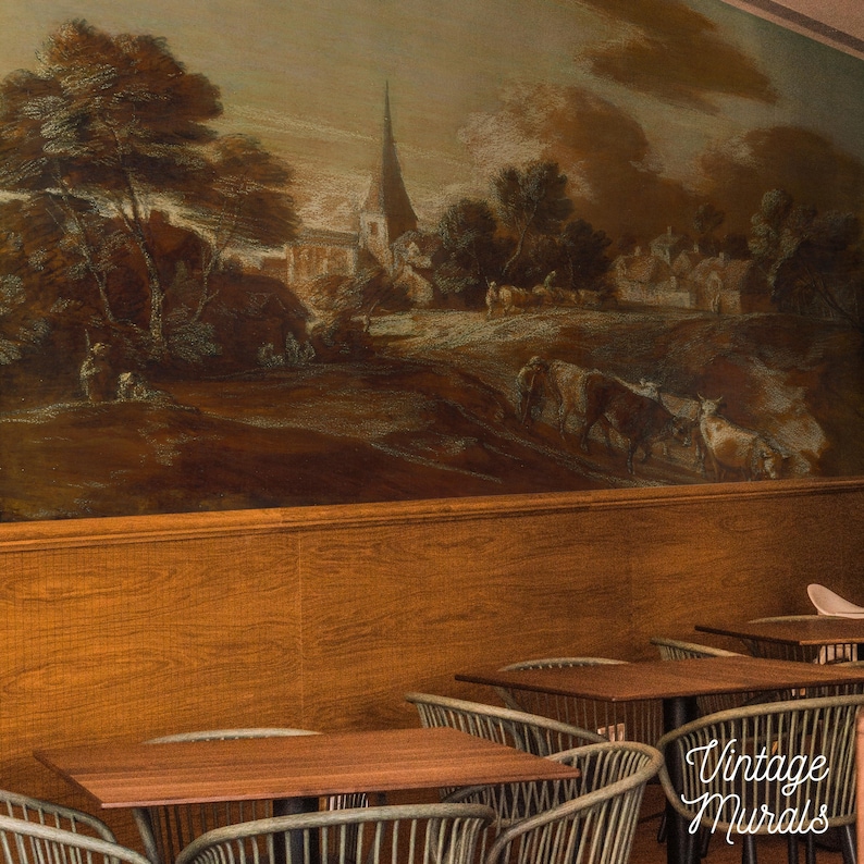 May include: A vintage mural depicting a pastoral scene with a church, trees, and figures with livestock. The mural is above wooden paneling and tables with chairs. The text "Vintage Murals" is in the lower right corner.