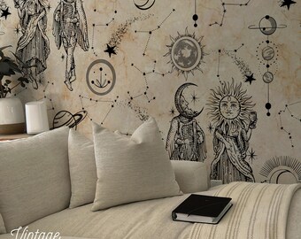 Celestial Vintage Wallpaper, Sun Moon Stars, Cosmic Mural 123