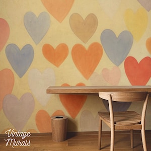 Colorful heart pattern wallpaper, Vintage wallpaper, Pastel romantic wall covering, Valentine&#39;s Day themed decor #111