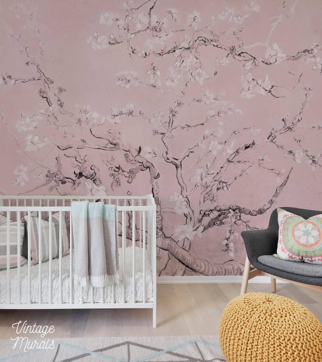 Pink Cherry Blossom Wallpaper, Floral Nursery Wall Decor 86 - Etsy