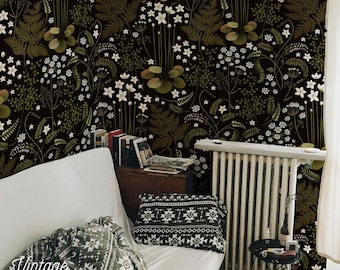 Midnight Forest Wallpaper, Dark Botanical Peel and Stick Mural 107