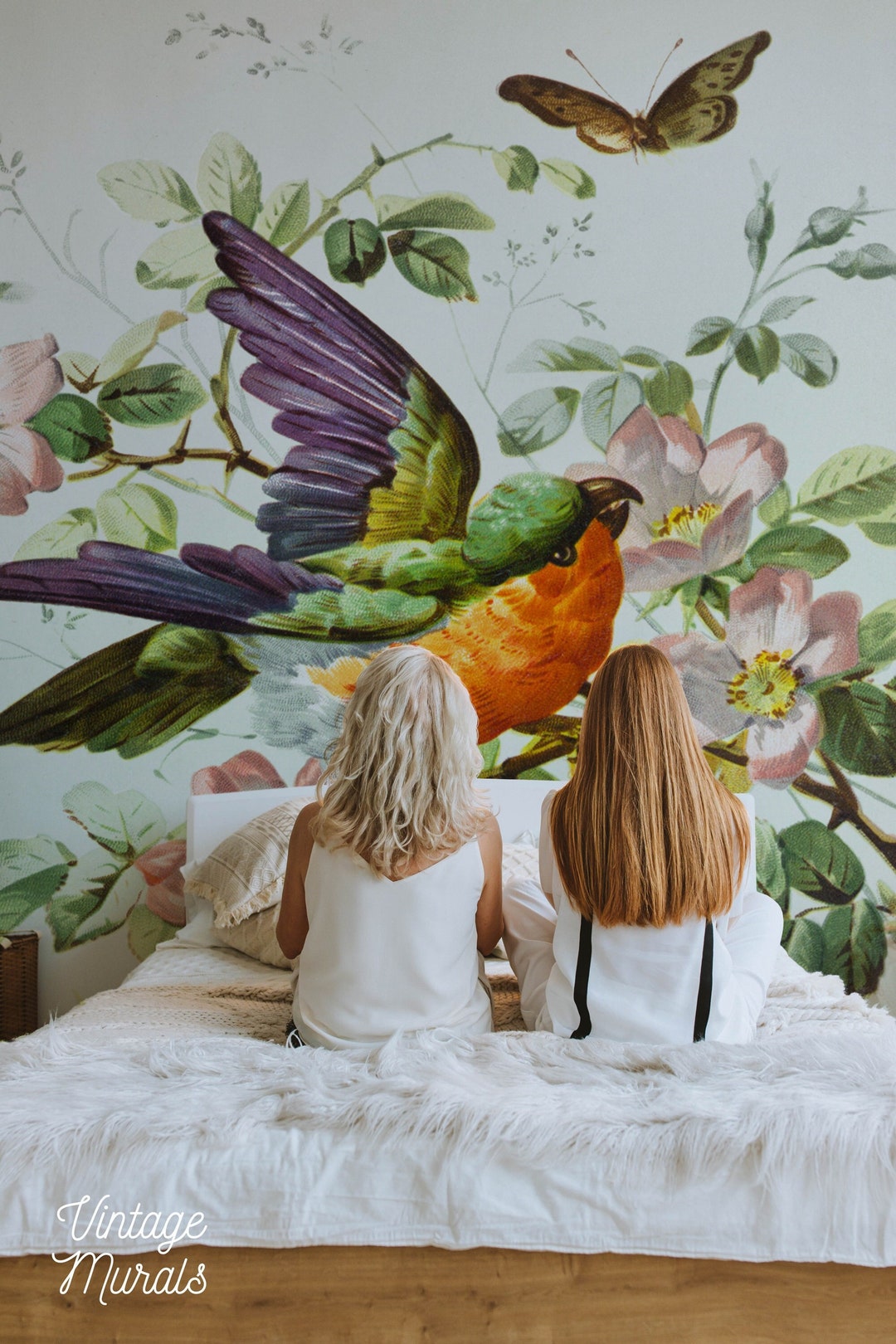 Bird Floral Wallpaper Mural, Colorful Birdy Wall Decor, Removable ...