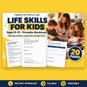 Puede incluir: Un libro de ejercicios imprimible titulado TWEEN LIFE SKILLS LAB LIFE SKILLS FOR KIDS Ages 8-12. La portada muestra tres páginas de tareas domésticas, incluyendo lavandería y planificación, con una insignia circular que dice 20 PAGES.