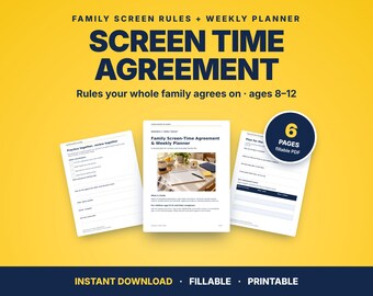 Family Screen Time Agreement & Weekly Planner (Ages 8-12) (Fillable PDF)