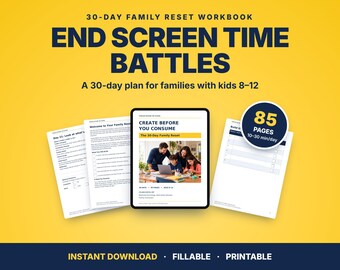 30-Day Family Screen Time Reset Workbook | Kids 8-12, Printable Plan (PDF)