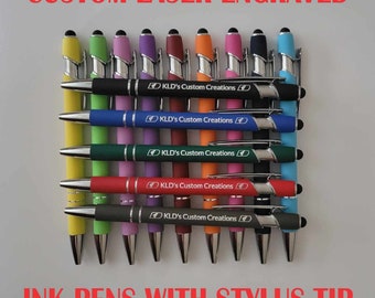 Custom Laser Engraved Ink Pens with Stylus | Retractable | 1 or 2 Sided Engraving | Text and Logo | Business | School | Teacher | Gift