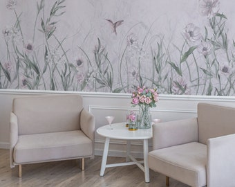 Pastel wildflowers wallpaper, Spring meadow home decor with soft floral wall mural for romantic bedroom 155