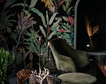 Dark exotic peel and stick wallpaper, Botanical chinoiserie with flowers and fruits with black background 143