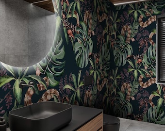 Scorpion and snake wallpaper, Botanical dark home decor, Monstera leaves in tropical jungle decor 165
