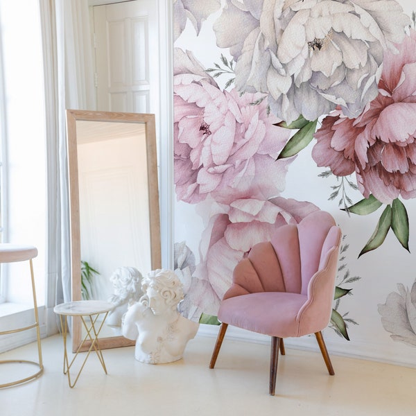 Watercolor peonies soft pastel removable mural, Floral wallpaper feminine aesthetic, sophisticated wallcovering 162