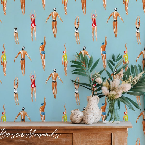 Vintage wallpaper Swimmers, Removable home decoration, Baby blue color cute whimsical nautical mural 82