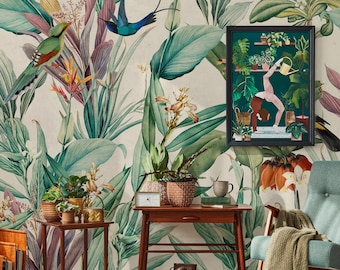 Vintage Exotic Leaves And Birds Removable Wall Mural, Tropical Peel And Stick Wallpaper 26