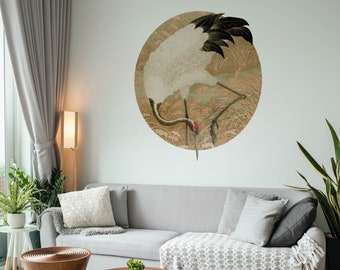 Vinilo decorativo circular 3D de una grulla curiosa, ilustración vintage, arte japonés, adhesivo redondo de pared 20