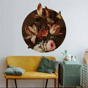 Dark Academia Bouquet Circle Wall Decal, Peel And Stick Dark Botanical Sticker 04