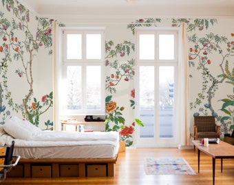 Embroidered chinoiserie bedroom light wallpaper, Floral romantic wall mural 80