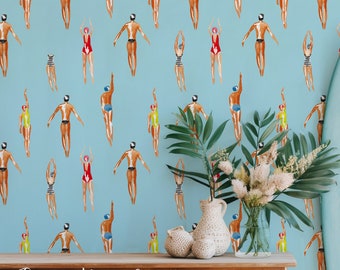 Vintage wallpaper Swimmers, Removable home decoration, Baby blue color cute whimsical nautical mural 82