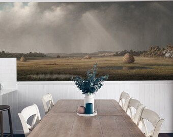 Gloomy field stormy walllpaper, Dark sky field wall mural, Painting countryside landscape 172