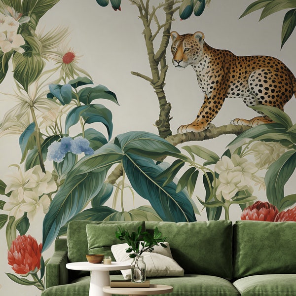Wildlife tropical wallpaper, Jungle chinoiserie with cheetah removable wall mural 107