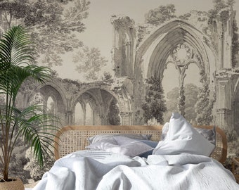 Vintage Fantasy Scenery Removable Wall Mural, Peel And Stick Material With Sketched forest 63