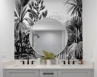 Black & White wallpaper with tropical rainforest theme, monochrome sketched palm tree print 61