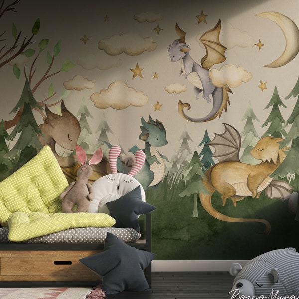 Cute dragons fantasy peel and stick wallpaper, animals art for baby room 95