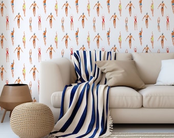 Nautical wallpaper Swimmers, Removable wall art, White background color cute whimsical mural 106