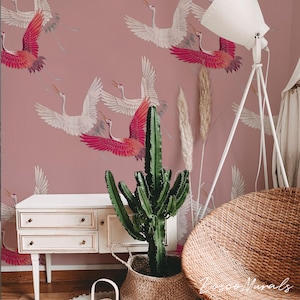 Crane bird wall mural, Pink wallpaper, Japanese-inspired wall decor, Elegant flying birds print, Removable wallpaper, Girls room 36