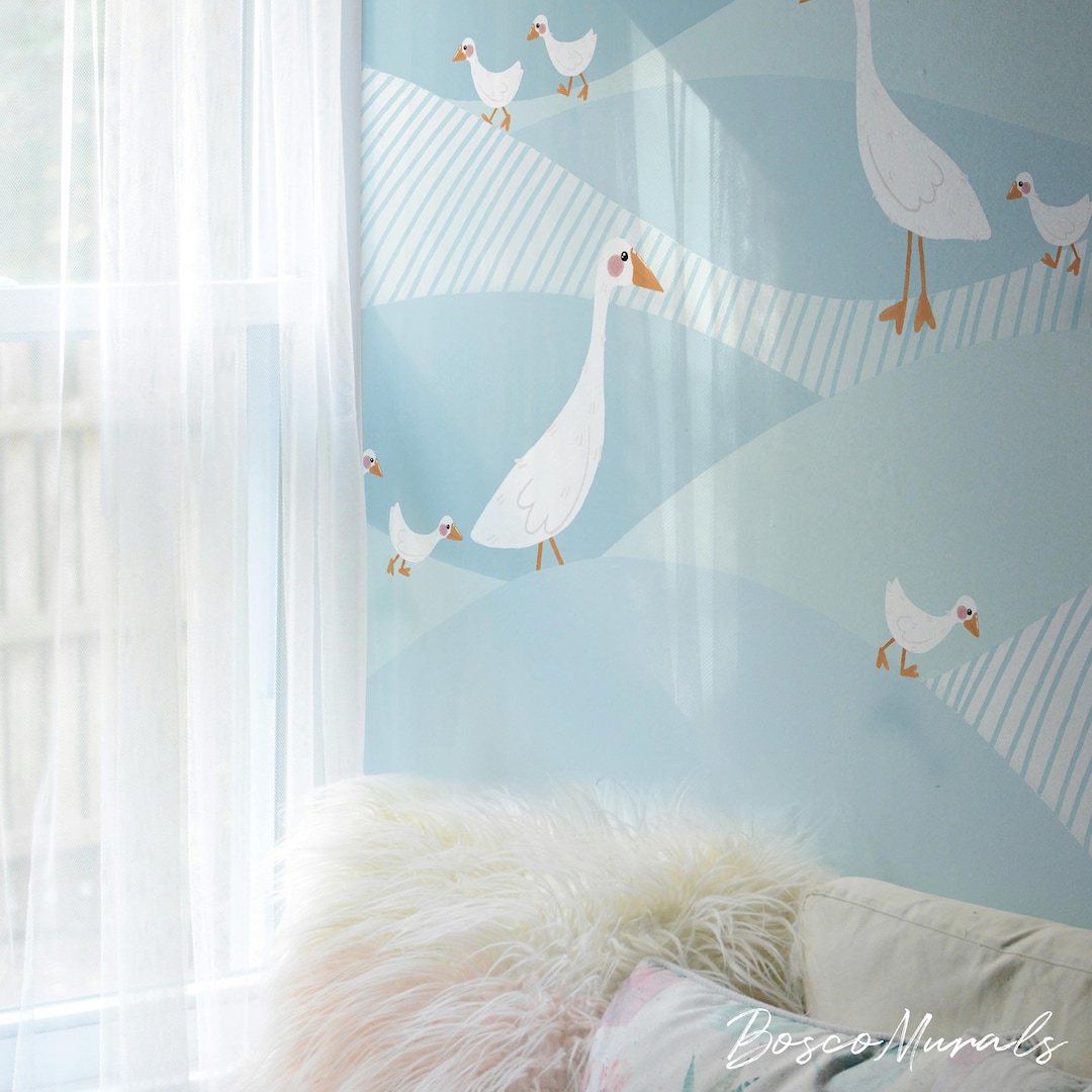 Calming Goose Wallpaper for Nursery, Blue Scandinavian Kids Peel and ...