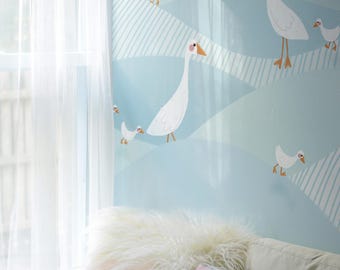 Calming Goose Wallpaper for Nursery, Blue Scandinavian Kids Peel and Stick Mural, Removable Whimsical Animal Wall Decor for Playroom 247