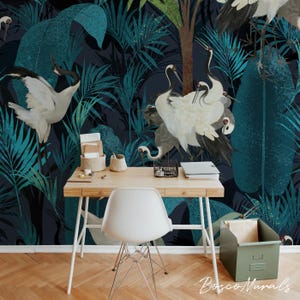 Dark Botanical Crane Wallpaper, Tropical Bird Mural, Elegant Blue Jungle Peel & Stick Wall Decor, Exotic Nature-Inspired Wallpaper 75