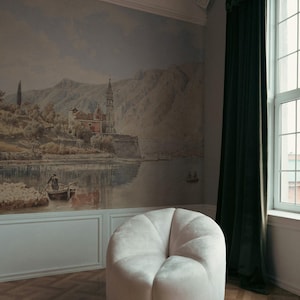 European seaside scenery wallpaper, Historic architecture with mountains, Peel and stick, Timeless nature wallpaper 52